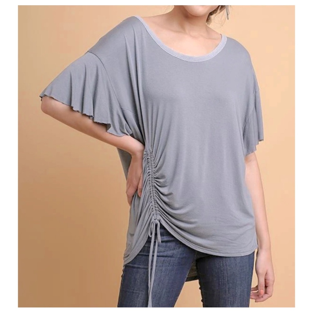 48 Basic Knit Ruffle Sleeve Scoop Neck Top with Cinched